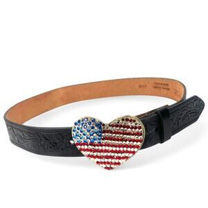 CACHE S American Flag METAL HEART Rhinestones Flag Buckle Leather Belt USA